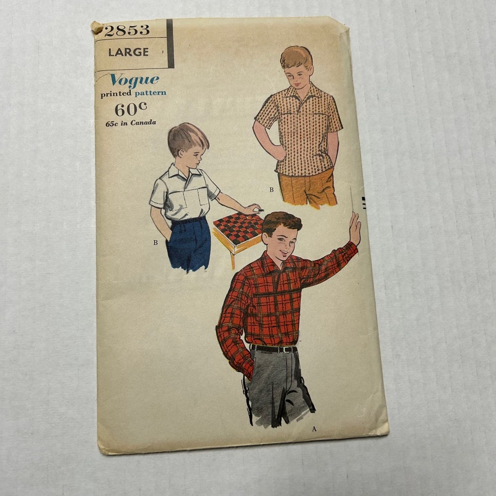 Vogue Vintage 1950's Pattern #2853‎ Boys Sport Shirt Size Large